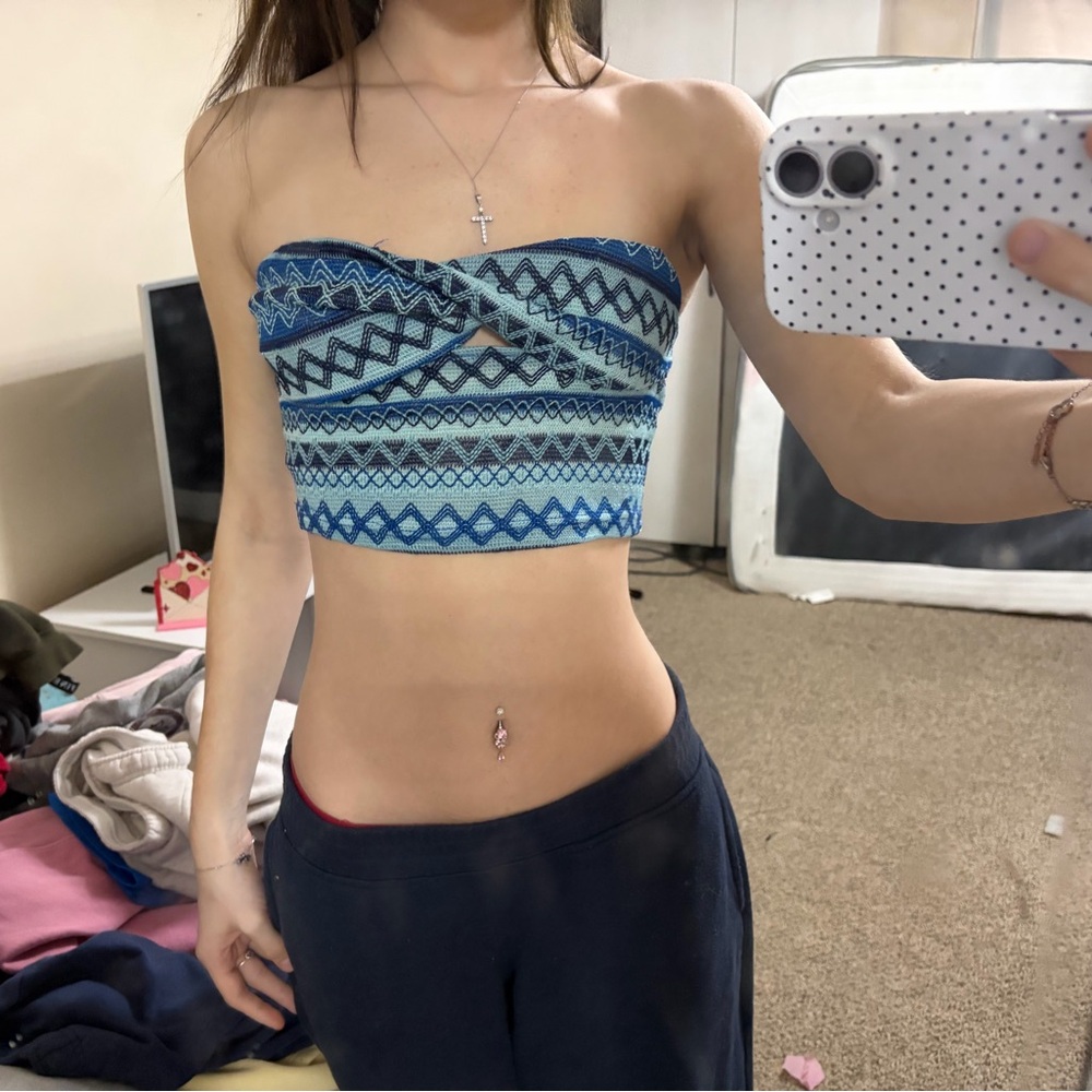 Blue Patterned Strapless Top